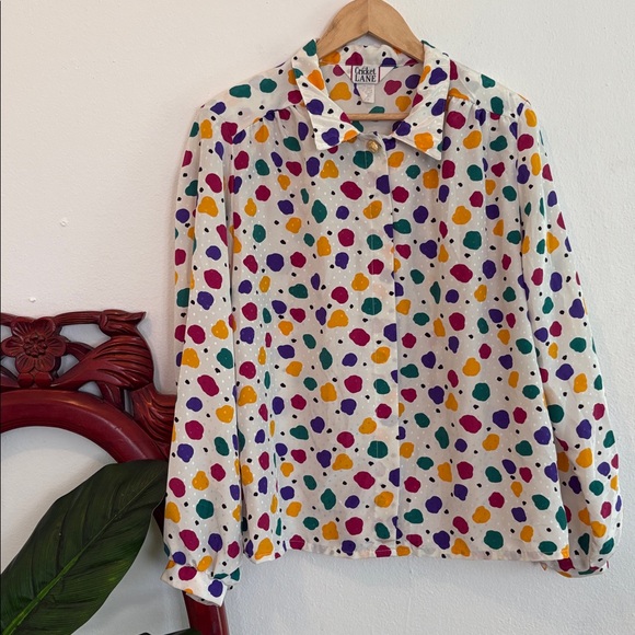 Cricket Lane Tops - Vintage 80s Cricket Lane Colorful Spotted Satin Button Down Teachercore Top